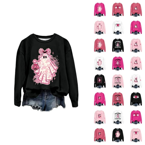 In October We Wear Pink Halloween Ghost Sweatshirts for Women 2025 Cancer Awareness Sweatshirt Pullover Tops