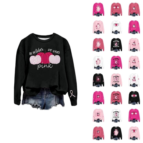 In October We Wear Pink Halloween Ghost Sweatshirts for Women 2025 Cancer Awareness Sweatshirt Pullover Tops