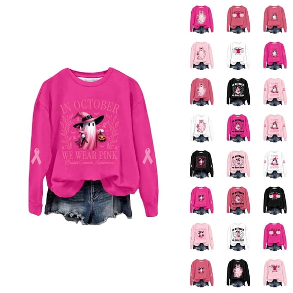 In October We Wear Pink Halloween Ghost Sweatshirts for Women 2025 Cancer Awareness Sweatshirt Pullover Tops