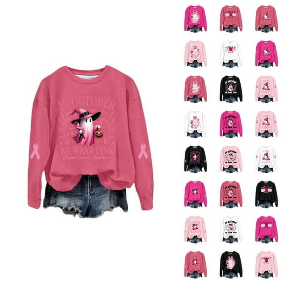 In October We Wear Pink Halloween Ghost Sweatshirts for Women 2025 Cancer Awareness Sweatshirt Pullover Tops