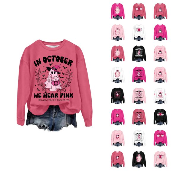 In October We Wear Pink Halloween Ghost Sweatshirts for Women 2025 Cancer Awareness Sweatshirt Pullover Tops