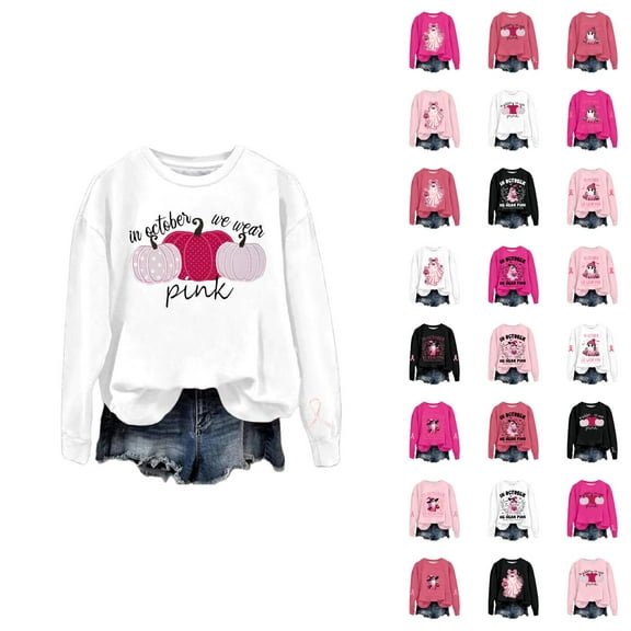 In October We Wear Pink Halloween Ghost Sweatshirts for Women 2025 Cancer Awareness Sweatshirt Pullover Tops