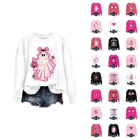 In October We Wear Pink Halloween Ghost Sweatshirts for Women 2025 Cancer Awareness Sweatshirt Pullover Tops