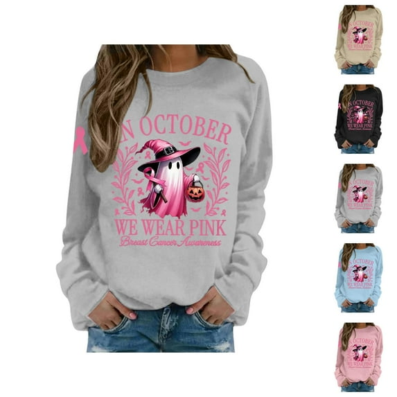 In October We Wear Pink Halloween Sweatshirts for Women Cancer Awareness Ghost Graphic Crewneck Sweatshirt