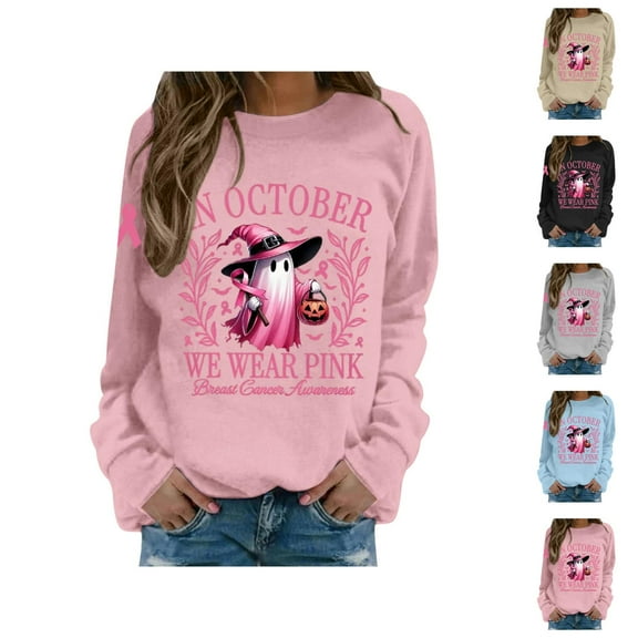 In October We Wear Pink Halloween Sweatshirts for Women Cancer Awareness Ghost Graphic Crewneck Sweatshirt