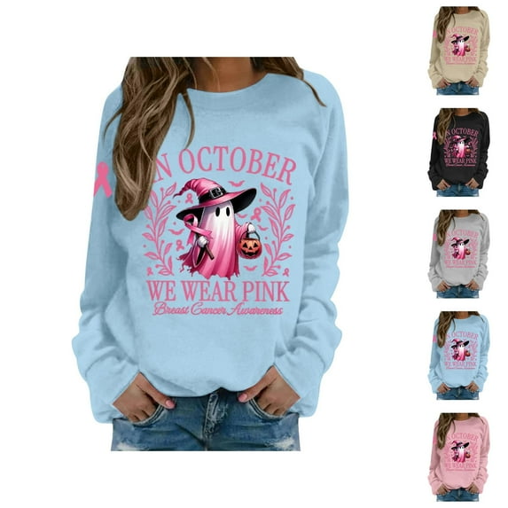 In October We Wear Pink Halloween Sweatshirts for Women Cancer Awareness Ghost Graphic Crewneck Sweatshirt