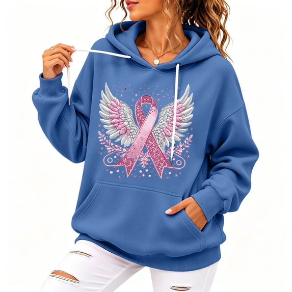 In October We Wear Pink Hoodie Womens Pink Ribbon Angel Wings Breast Cancer Sweatshirt Long Sleeve Breast Cancer Awareness Support Shirt With Pockets
