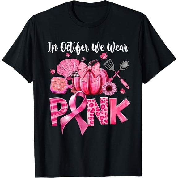In October We Wear Pink Lunch Lady Pumpkin Breast Cancer T-Shirt