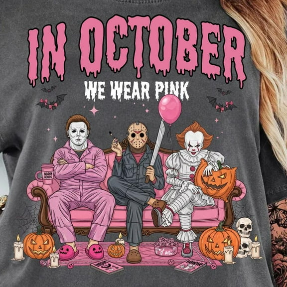 In October We Wear Pink PNG, Horror Characters Halloween Sublimation, Funny Slasher Couch Scene Shirt Design