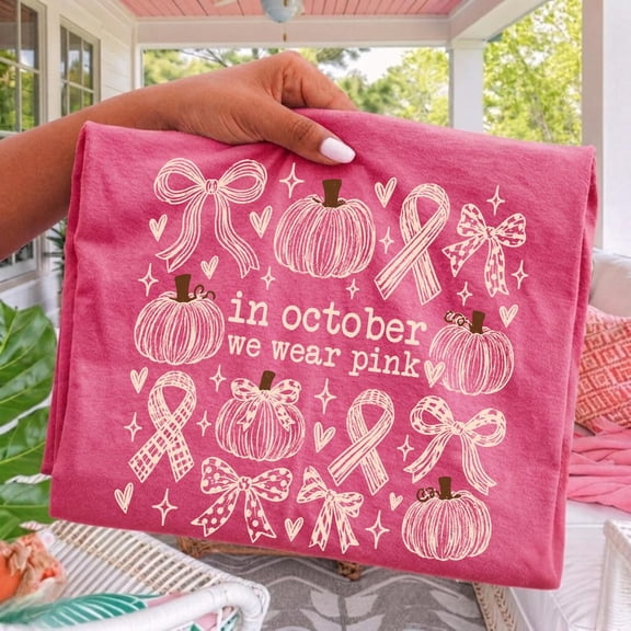 In October We Wear Pink Pumpkin Breast Cancer Awareness Graphic T-Shirt, Fall Pink Ribbon Design