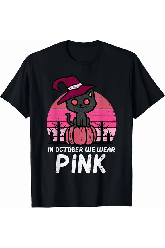 In October We Wear Pink Pumpkin Cat Breast Cancer Awareness T-Shirt