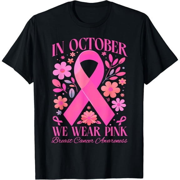 In October We Wear Pink Retro Groovy Breast Cancer Awareness T-Shirt