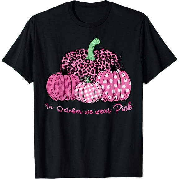 In October We Wear Pink Ribbon Leopard Pumpkin Breast Cancer T-Shirt