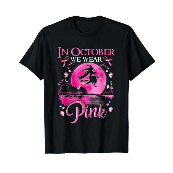 In October We Wear Pink Ribbon Witch Halloween Breast Cancer T-Shirt