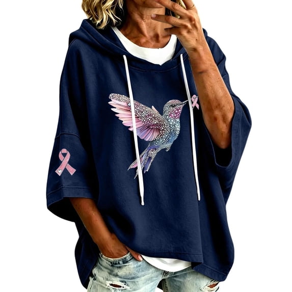 In October We Wear Pink Shirt 3/4 Sleeve Pink Ribbon Breast Cancer Awareness Tops Pink Ribbon Hummingbird Breast Cancer Print Hoodies