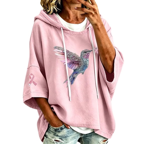 In October We Wear Pink Shirt 3/4 Sleeve Pink Ribbon Breast Cancer Awareness Tops Pink Ribbon Hummingbird Breast Cancer Print Hoodies