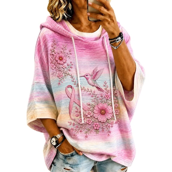 In October We Wear Pink Shirt 3D Pink Ribbon Hummingbird Floral Gradient Print Breast Cancer Hoodies 3/4 Sleeve Breast Cancer Sweatshirts For Women