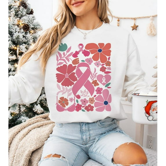 In October We Wear Pink Shirt, Boho Floral Breast Cancer Awareness Tee with Ribbon Print, Coquette Pink Fall Outfit for Women