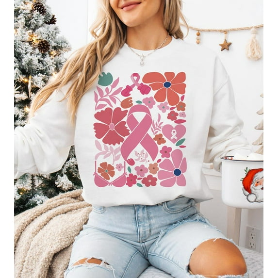 In October We Wear Pink Shirt, Boho Floral Breast Cancer Awareness Tee with Ribbon Print, Coquette Pink Fall Outfit for Women