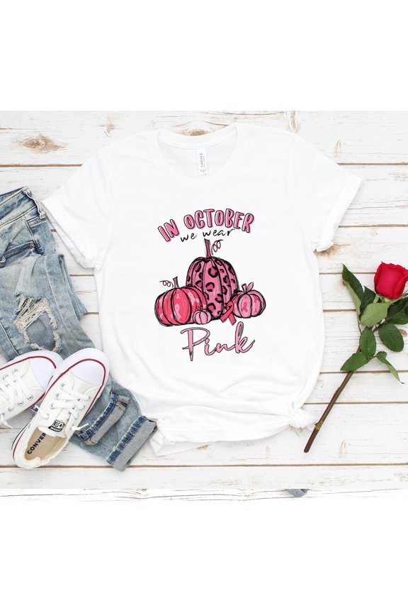 In October We Wear Pink Shirt, Breast Cancer Pumpkins Shirt, Breast Cancer Survivor T-Shirt, Cancer Awareness Shirt, Pink Ribbon Shirt