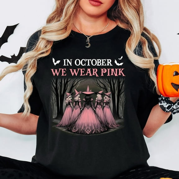 In October We Wear Pink Shirt, Halloween Breast Cancer Awareness Tee, Halloween Witch Sweat, Witches Pink Month T-Shirt