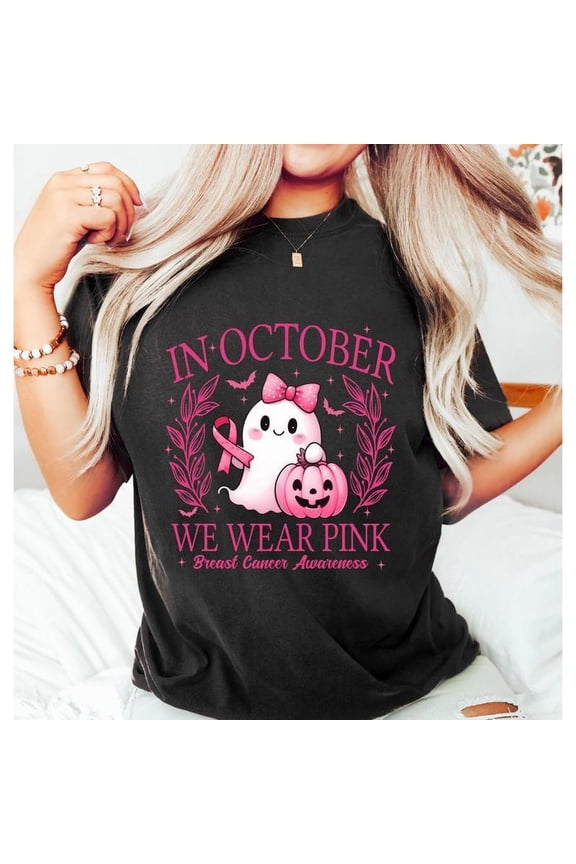 In October We Wear Pink Shirt, Retro Breast Cancer Awareness T-Shirt, Halloween Pink Ghost Sweatshirt, Breast Cancer Halloween Clothing Unisex