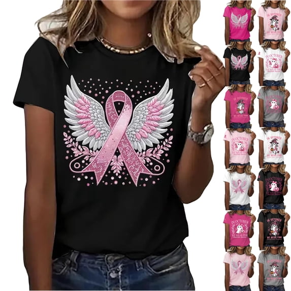 In October We Wear Pink Shirts for Women Breast Cancer Awareness Care Support Gift for Survivors Printed Short Sleeve Tee Tops