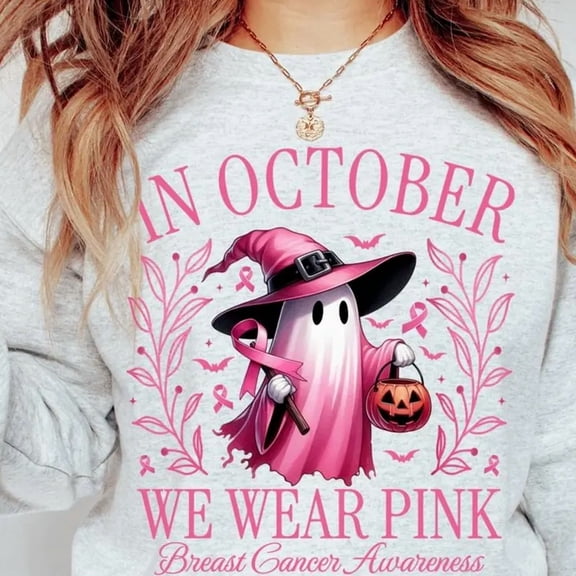 In October We Wear Pink Sweashirt Women Halloween Pink Graphic Breast Cancer Short Sleeve Fall Tee