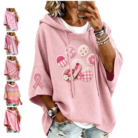 In October We Wear Pink Sweatshirt Breast Cancer Shirts For Women Oversized Drawstring Print 3/4 Sleeve Hoodies Pullover