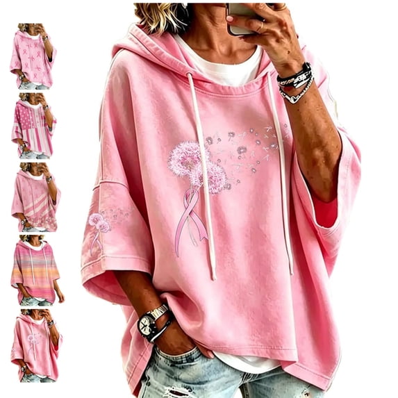 In October We Wear Pink Sweatshirt Breast Cancer Shirts For Women Oversized Drawstring Print 3/4 Sleeve Hoodies Pullover