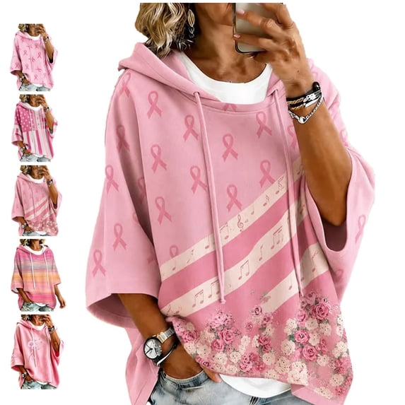 In October We Wear Pink Sweatshirt Breast Cancer Shirts For Women Oversized Drawstring Print 3/4 Sleeve Hoodies Pullover