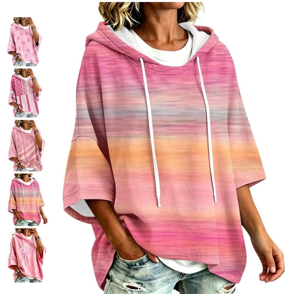 In October We Wear Pink Sweatshirt Breast Cancer Shirts For Women Oversized Drawstring Print 3/4 Sleeve Hoodies Pullover
