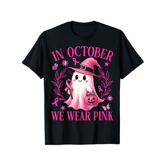 In October We Wear Pink T-Shirt Breast Cancer Awareness Ghost Halloween Tee