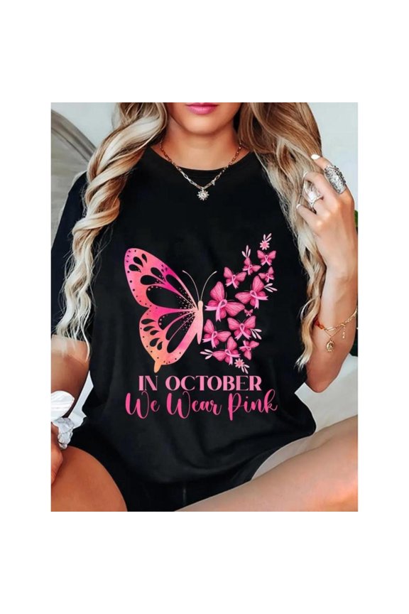 In October We Wear Pink T Shirt Butterfly Breast Graphic Tee Tops Short Sleeve Round Neck Black S-5XL