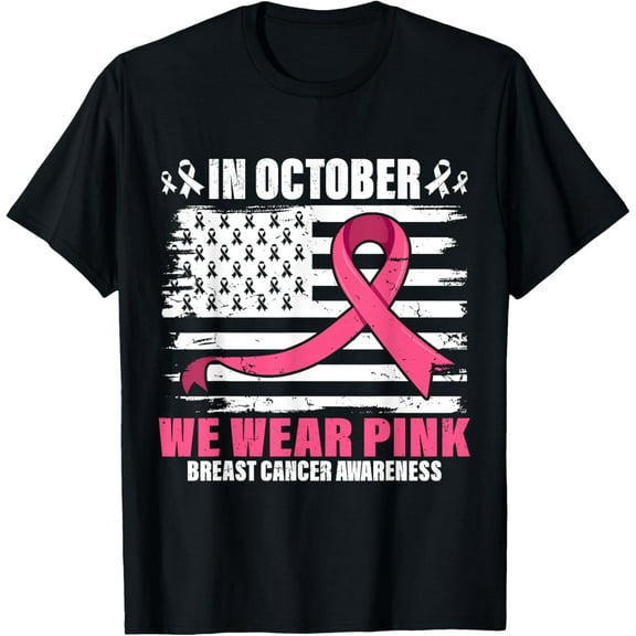 In October We Wear Pink USA Flag Breast Cancer Awareness T-ShirtMen and women, Black T-shirt, size: Extra large