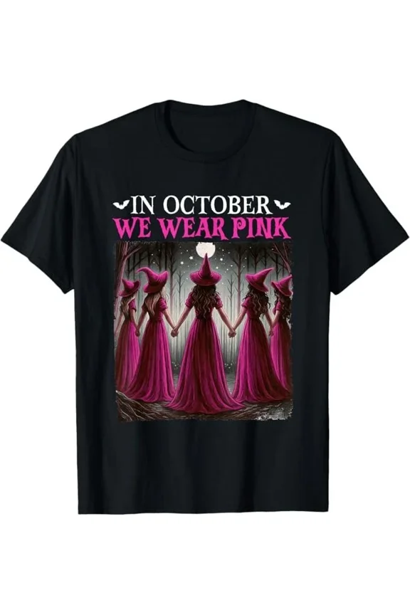 In October We Wear Pink Witch Halloween Breast Cancer Unisex T-Shirt, for men & women, up to size 5XL