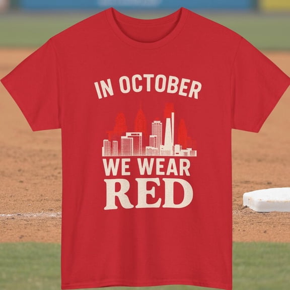 In October We Wear Red Philly Playoffs T-Shirt or Crewneck | Philadelphia Skyline | Baseball Postseason Shirt