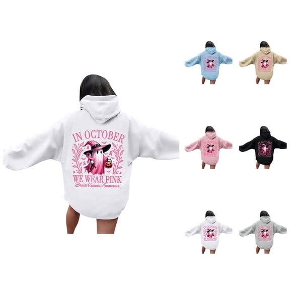 In October We Were Pink Hoodies for Women 2025 Cancer Awareness Halloween Hoodie Sweatshirt Pullover Tops
