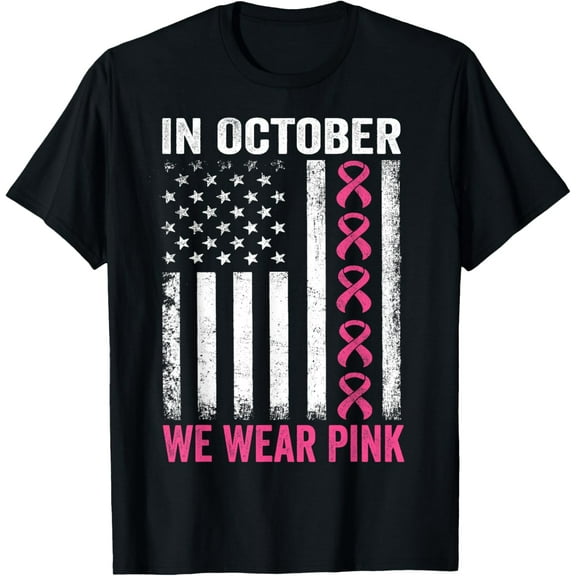 In October we Wear Pink Us Flag Breast Cancer Awareness T-Shirt