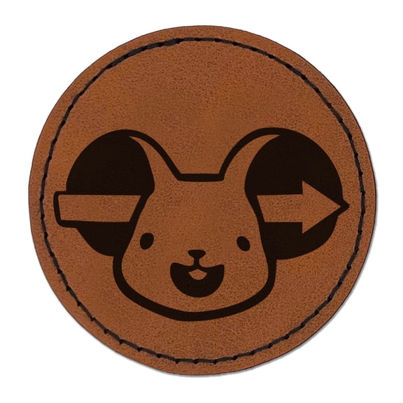 In One Ear Out the Other Mouse Cartoon Rodent Round Iron-On Engraved Faux Leather Patch Applique - 2.5 Inch - Brown