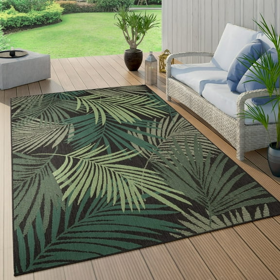In- & Outdoor Rug Jungle Design with Palm Trees in Green Black - 5'x7'