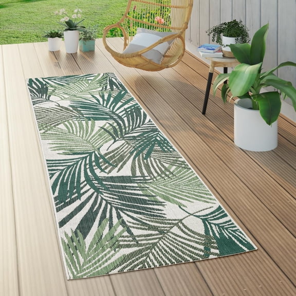 In- & Outdoor Rug Jungle Design with Palm Trees in Green White - 2' x 6'
