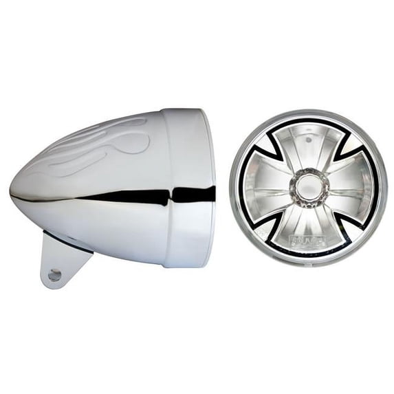 In Pro Car Wear 4.5 in. Flamed Headlight Bucket, Chrome with T40X00 DC Ironcross Headlamp
