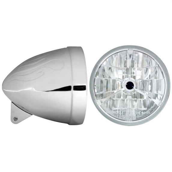 In Pro Car Wear HB74010-34 7 in. Flamed Headlight Bucket, Chrome with T70304 DC Blackdot Headlamp
