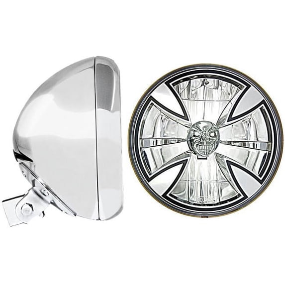 In Pro Car Wear HB77010-XSR 7 in. Universal Headlight Bucket, Chrome with T70X00-SR Ic Iron Cross Skull Headlamp