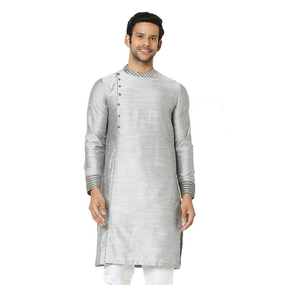 In-Sattva Men's Banded Collar with Side Button Placket Maharaja Kurta Tunic; Silver Grey; LG