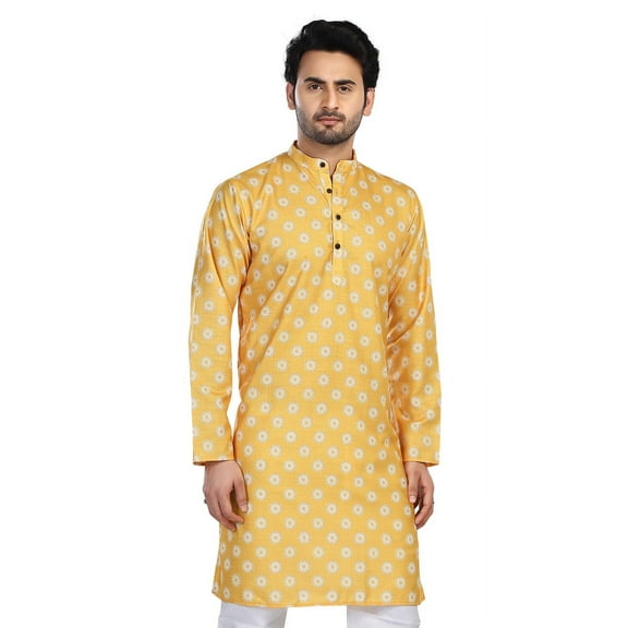 In-Sattva Men's Cotton Folk Print Banded Sattva-Collar Knee-Length Kurta Tunic; Festive Yellow ; LG