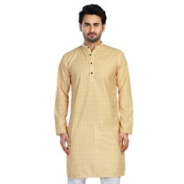 In-Sattva Men's Cotton Folk Print Banded Sattva-Collar Knee-Length Kurta Tunic; Haldi Yellow ; SM