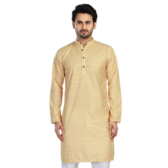 In-Sattva Men's Cotton Folk Print Banded Sattva-Collar Knee-Length Kurta Tunic; Haldi Yellow ; XL