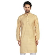 In-Sattva Mens Cotton Folk Print Banded Sattva-Collar Knee-Length Kurta Tunic; Haldi Yellow ; XXL